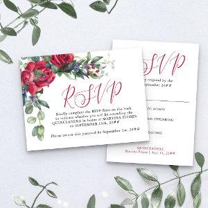 Red Rose Elegant Quinceanera Pre-Addressed RSVP Postcard