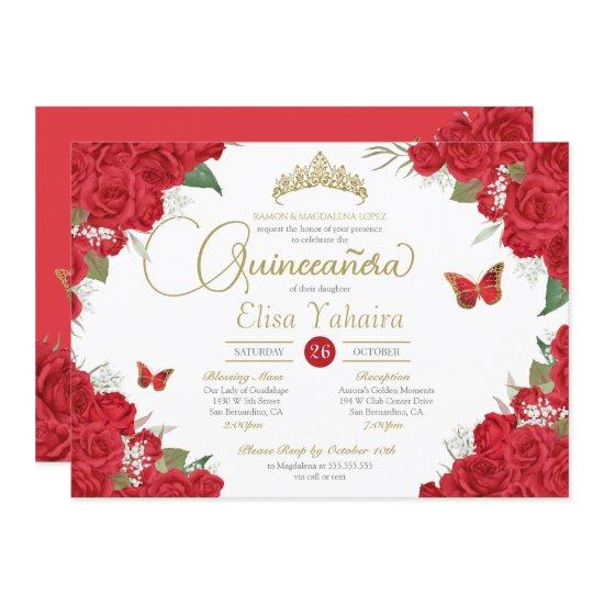 Red Rose Floral and Butterflies Quinceanera