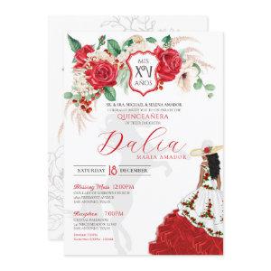 Red Rose Floral Crest Elegant Charra Quinceañera