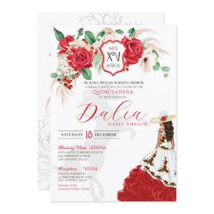 Red Rose Floral Crest Elegant Charra Quinceañera