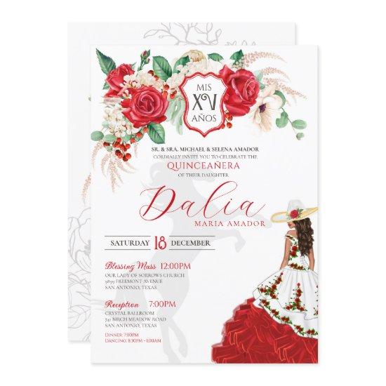 Red Rose Floral Crest Elegant Charra Quinceañera