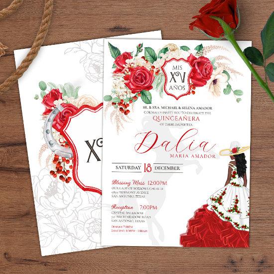 Red Rose Floral Crest Elegant Charro Quince Años I