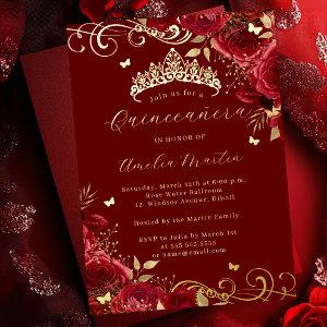 Red Rose Floral Gold Swirl Quinceanera   Foil