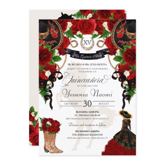 Red Rose Floral Mariachi Charro Quinceanera