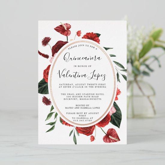 Red Rose Floral Quinceanera Elegant Gold Foil