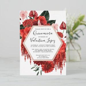 Red Rose Floral Quinceanera Glam Gold Foil