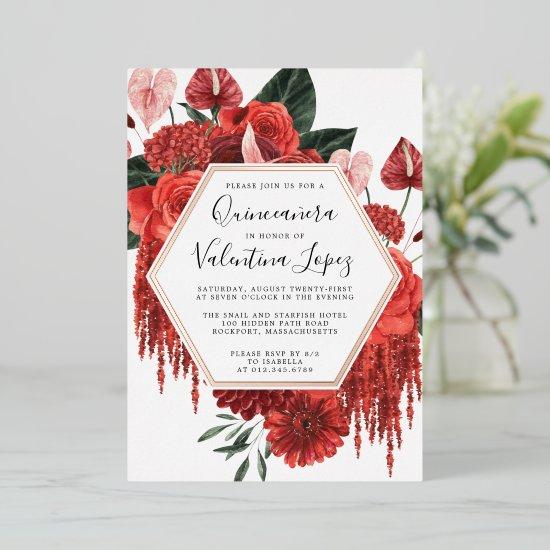 Red Rose Floral Quinceanera Glam Gold Foil