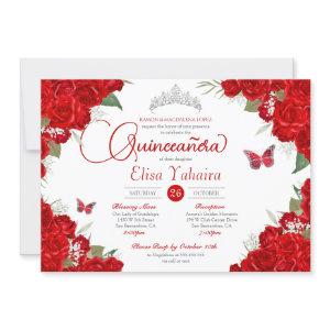 Red Rose Floral Silver Tiara Butterfly Quinceanera