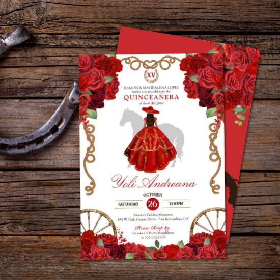 Red Rose Floral Western Charro Quinceañera