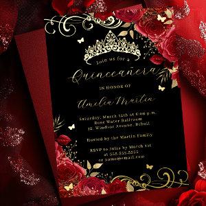 Red Rose Gold Black Floral Swirl Quinceanera   Foil