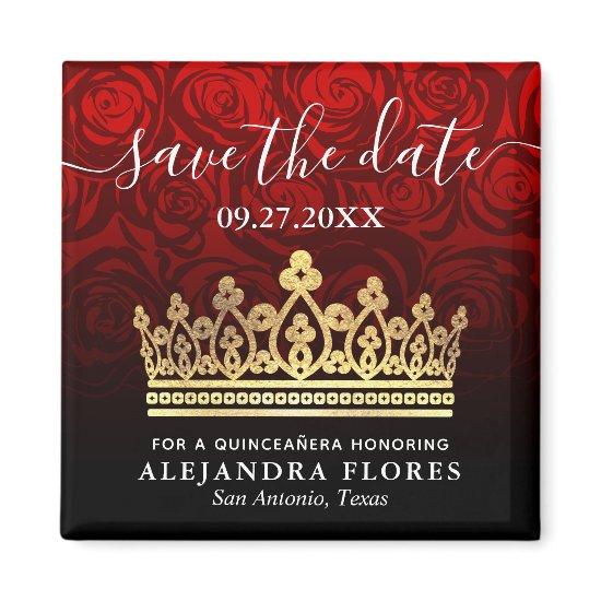 Red Rose Gold Black Quinceanera Save the Date Magnet