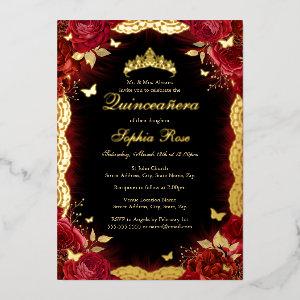 Red Rose Gold Butterfly Lace Quinceanera Birthday  Foil