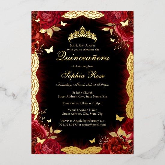 Red Rose Gold Butterfly Lace Quinceanera Birthday  Foil