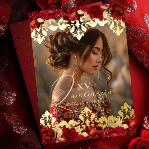 Red Rose Gold Damask Floral Photo Quinceanera Foil