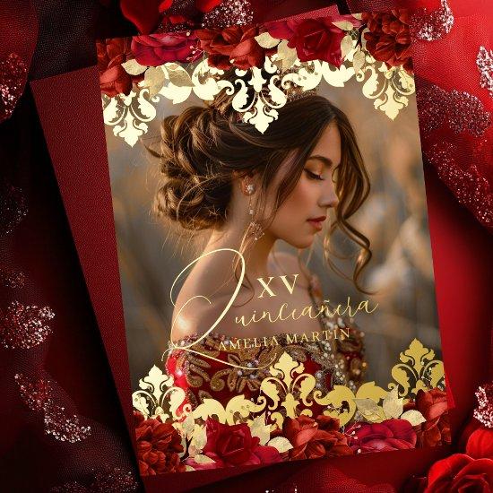 Red Rose Gold Damask Floral Photo Quinceanera Foil