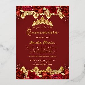 Red Rose Gold Damask Floral Quinceanera Foil