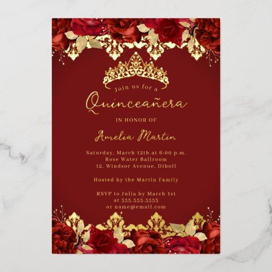 Red Rose Gold Damask Floral Quinceanera Foil