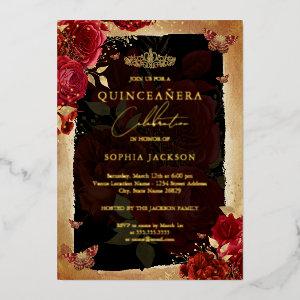 Red Rose Gold Floral Butterfly Tiara Quinceanera  Foil