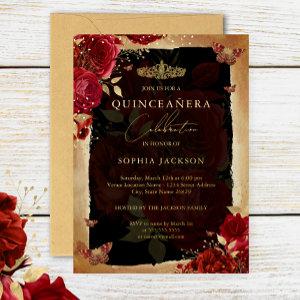 Red Rose Gold Floral Butterfly Tiara Quinceanera Foil