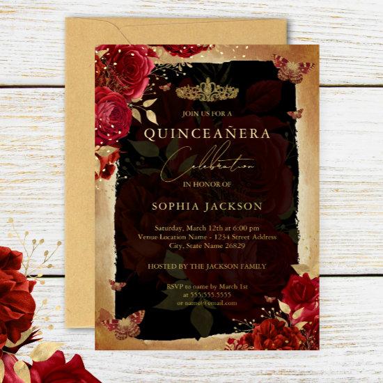 Red Rose Gold Floral Butterfly Tiara Quinceanera Foil
