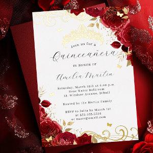 Red Rose Gold Floral Swirl Quinceanera   Foil