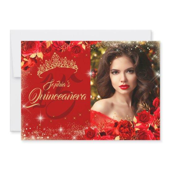 Red Rose Gold Quinceanera Floral Photo