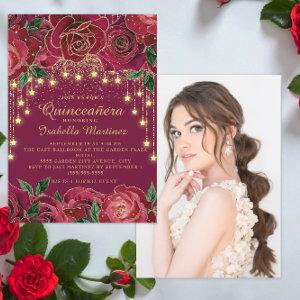 Red Rose Gold String Light Star Photo Quinceañera