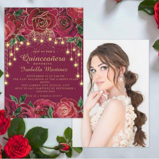 Red Rose Gold String Light Star Photo Quinceañera