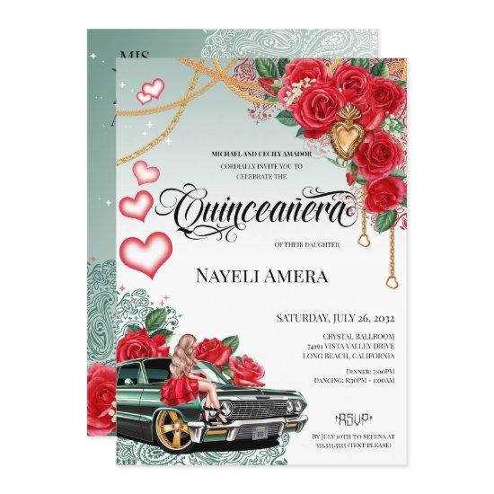 Red Rose Green Lowrider Mexicana Chola Quinceañera