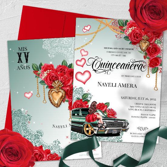 Red Rose Green Lowrider Mexicana Chola Quinceanera