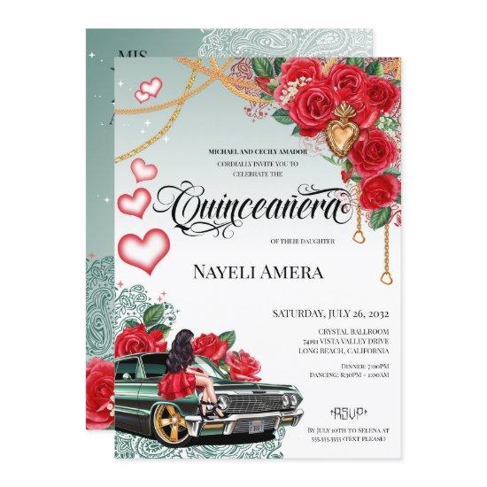 Red Rose Green Lowrider Mexicana Quince Birthday