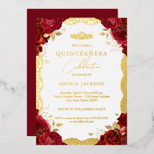 Red Rose Quinceanera Gold Lace Birthday Foil