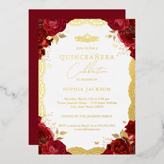 Red Rose Quinceanera Gold Lace Birthday Foil