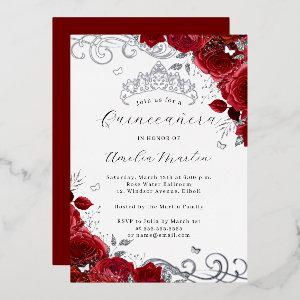 Red Rose Silver Floral Swirl Quinceanera   Foil