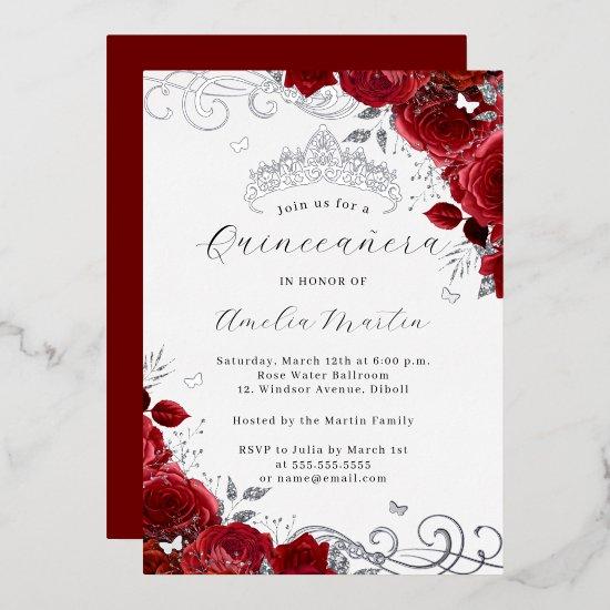 Red Rose Silver Floral Swirl Quinceanera   Foil