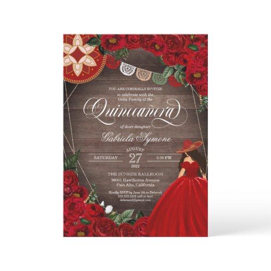 Red Rose Western Charra Mariachi Quinceañera Invit