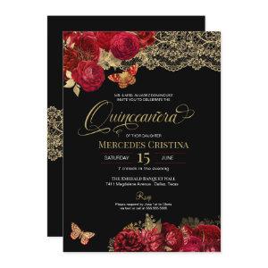 Red Roses and Gold Lace Glam Butterfly Quinceañera
