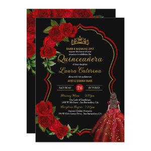 Red Roses Black and Gold Elegant Dress Quinceanera