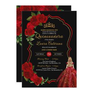 Red Roses Black and Gold Elegant Dress Quinceanera