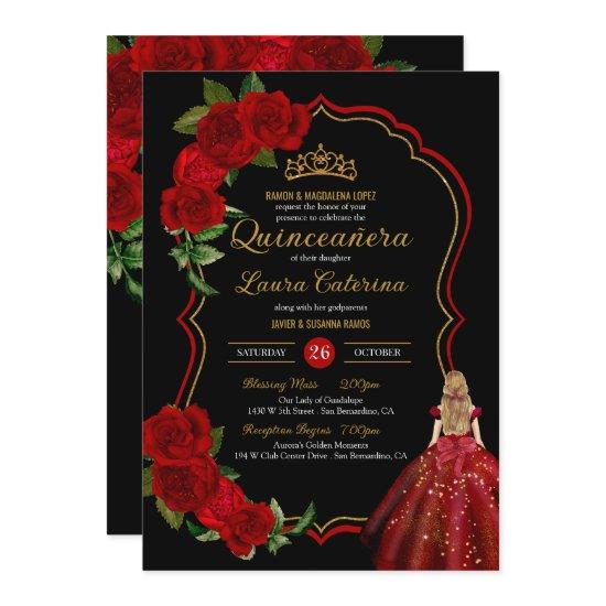 Red Roses Black and Gold Elegant Dress Quinceanera