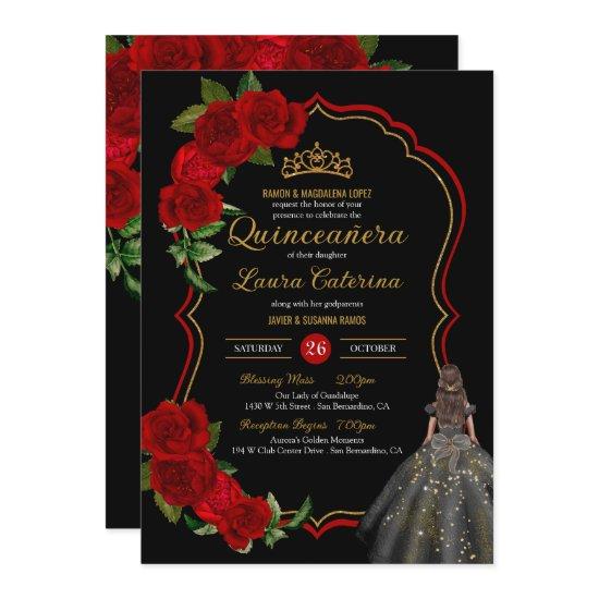 Red Roses Black and Gold Elegant Dress Quinceanera