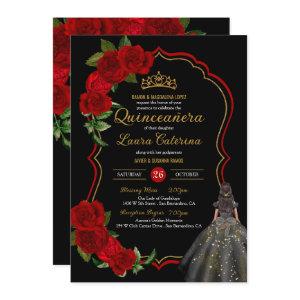 Red Roses Black and Gold Elegant Dress Quinceanera