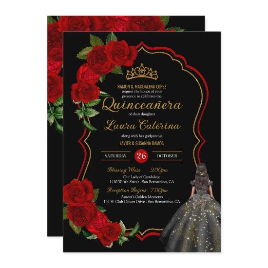 Red Roses Black and Gold Elegant Dress Quinceanera