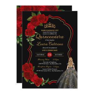 Red Roses Black and Gold Elegant Dress Quinceanera