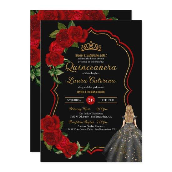 Red Roses Black and Gold Elegant Dress Quinceanera