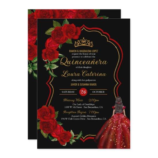 Red Roses Black and Gold Elegant Dress Quinceanera