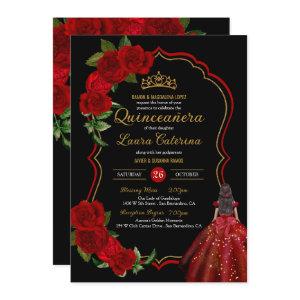 Red Roses Black and Gold Elegant Dress Quinceanera