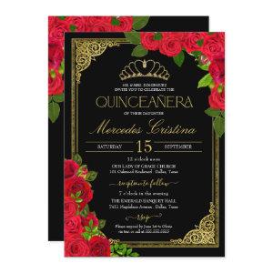 Red Roses Black and Gold Elegant Quinceañera Invit