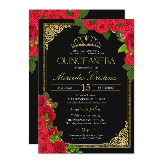 Red Roses Black and Gold Elegant Quinceañera Invit