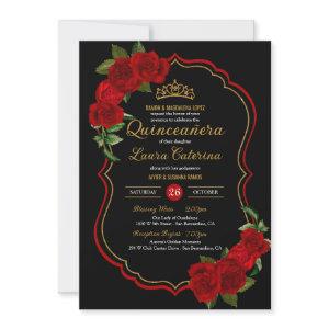 Red Roses Black and Gold Elegant Quinceanera